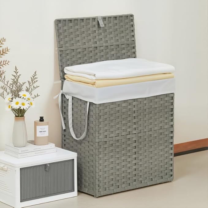 Laundry Hamper with Lid, 90L Foldable Laundry Basket with Removable Liner Bags, Handwoven Synthetic Rattan Clothes Hamper for Bathroom, Bedroom, Laundry Room, Grey