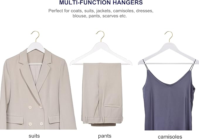 Amber Home 20 Pack White Wooden Coat Hangers with Gold Hook, White Wood Suit Hangers with Non-Slip Pant Bar, Clothes Hangers for Closet Organization, Shirts, Jackets, Dresses and Pants (White+Gold,20)