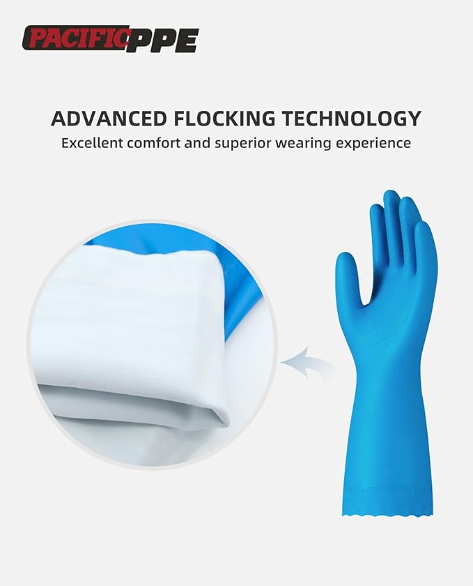 PACIFIC PPE 4 Pairs Reusable Dishwashing Cleaning Gloves with Latex Free, Cotton Lining, Kitchen Gloves, Blue, Large
