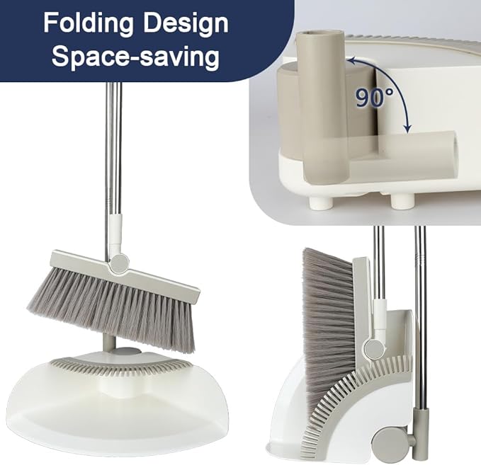Triangular Indoor Broom and Dustpan Comb Set, 180° Rotating, Soft Bristle Long Handle Upright Sweeping Angled Broom with Self-Cleaning Teeth for Home, Kitchen, Office, Wood Floor (White Gray)