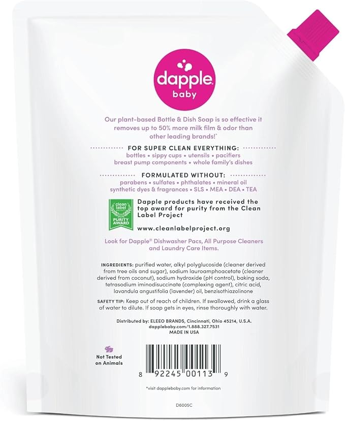 Dapple Baby Bottle Soap, Hypoallergenic Dish Soap for Baby Bottles, Powered by Plants, Lavender, 34 Fl Oz Refill (Pack of 2)