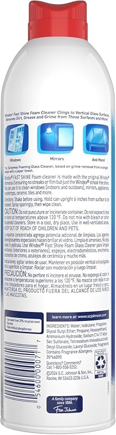 Windex Fast Shine Foam Glass Cleaner, No-Drip Aerosol Cleaning Spray, 19 oz. (Pack of 2)