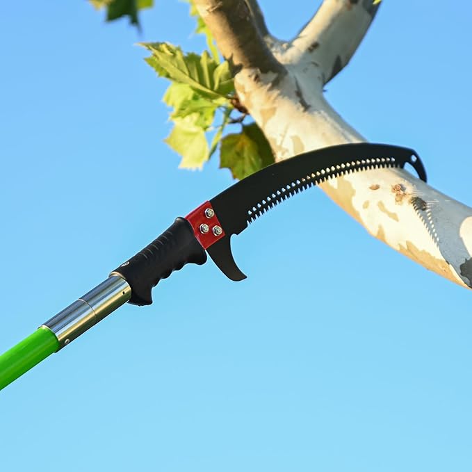 Manual Pole Saw for Tree Trimming, 27 FT Manual tree purner with 8-Section Fiberglass Handle, Sharp steel Blade, Easy to Carry and Extendable Design for Tree Maintenance, Green
