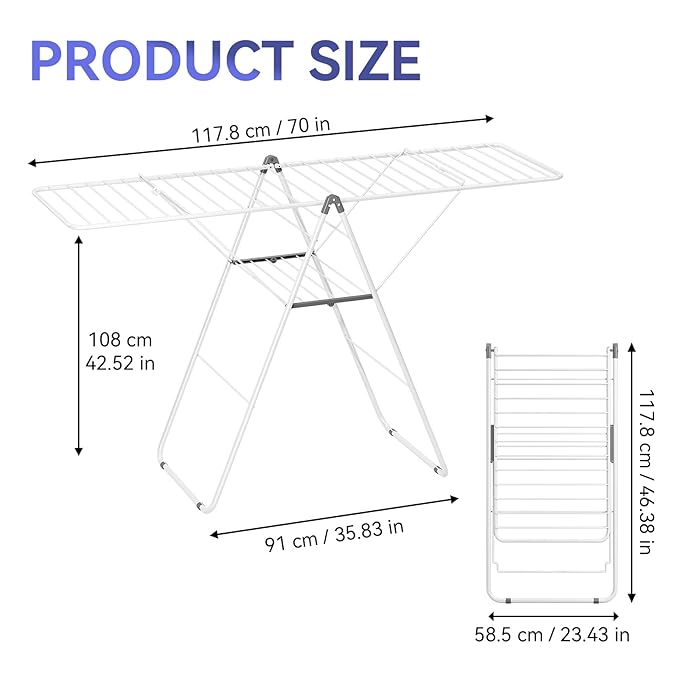 APEXCHASER Clothes Drying Rack, Foldable Oversized Drying Rack Clothing with U-Shaped Foot Cover, Height-Adjustable, Multi-Bar Laundry Rack, Indoor Outdoor Use, 20.47"D x 70"W x 42.52"H, Pearl White