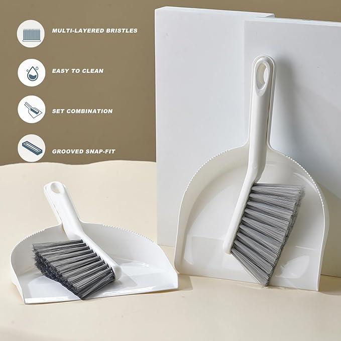 Mini Broom and Dustpan Set -Small Dustpan with Brush Set,Hand Broom and Dustpan Set, Compact Dustpan and Brush Combo for Kitchen, Floors, Desktop, Pet Care, Daily Cleaning (White+Light Gray)