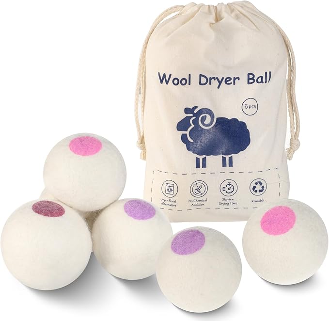 Wool Dryer Balls 6PCS Pure Organic Laundry Wool Tumble Dryer Ball Reusable Natural Fabric Softener Reduce Wrinkles and Drying Time