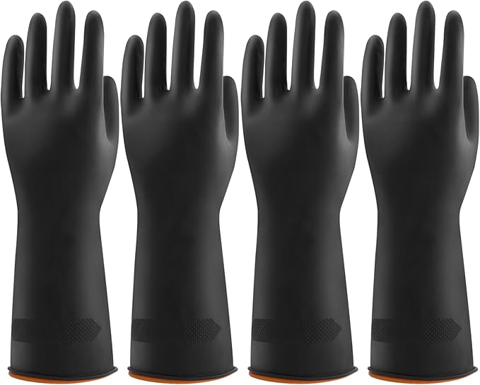 Bamllum 4 Pairs Black Rubber Dishwashing Gloves - Reusable Cleaning Gloves for Kitchen, Household, Anti-Slip, Flexible & Long-Lasting (Large)