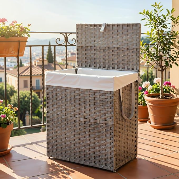 Laundry Hamper with Lid, 90L Foldable Laundry Basket with Removable Liner Bags, Handwoven Synthetic Rattan Clothes Hamper for Bathroom, Bedroom, Laundry Room, Grey