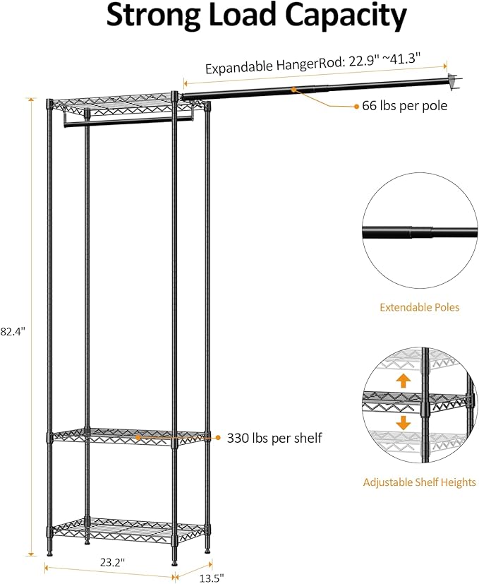 IZEUK Heavy Duty Rolling Garment Rack Wire Clothes Rack for Hanging Clothes (Black, 3 Tier with 1 Rod)