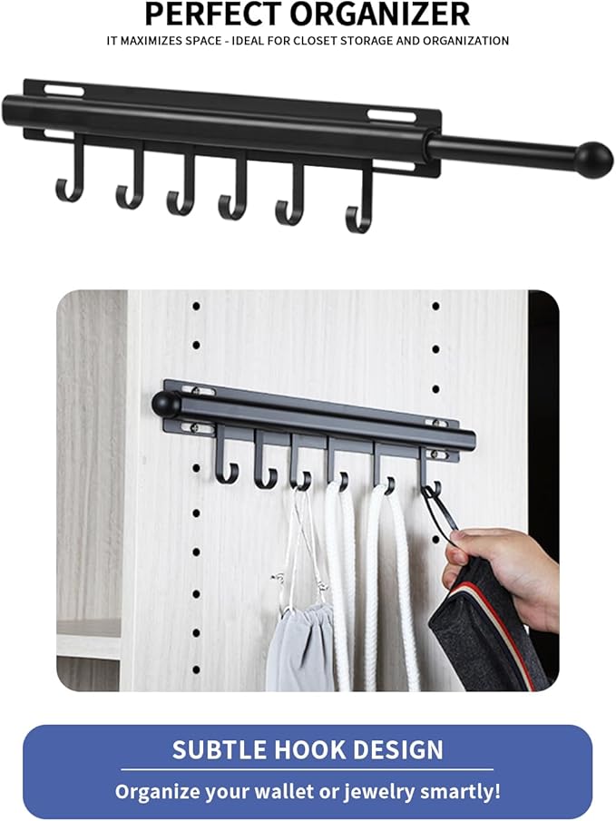 BaiNong Valet Rod for Closets Pull Out Closet Valet Rod Slide Out Extra long 16.5 inch Black Valet Rods for Closets With 6 Hooks