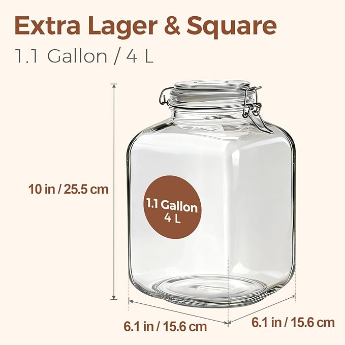 ComSaf Set of 2 Square Glass Jars, 1.1 Gallon (4L) Large Airtight Canisters for Bulk Food Storage, Flour, Rice, Fermenting, Wide Mouth, Space Saving