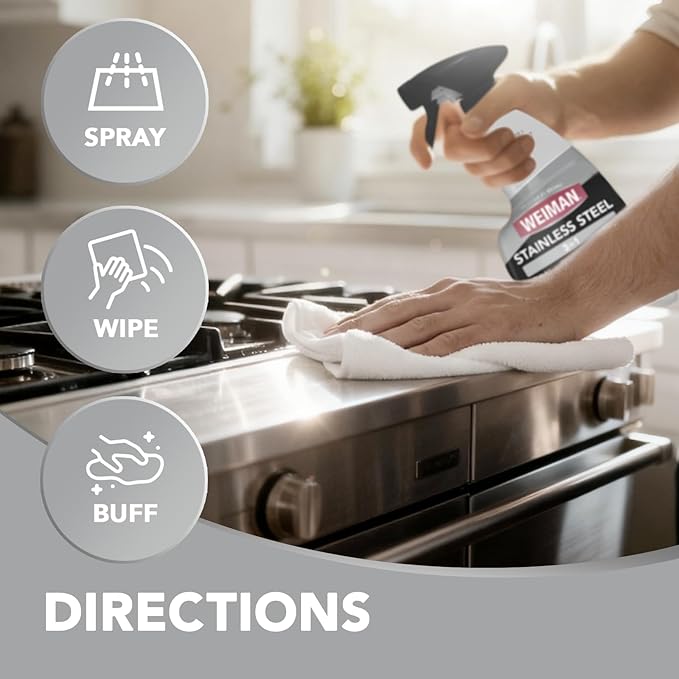 Weiman Stainless Steel Cleaner & Polish, 2 Pack, Anti Fingerprint Spray Stainless Steel Cloth, Water Spots & Grease, No Streaks or Residue, Safe for Metal Polish, Chrome, Appliances, Sinks & Grills
