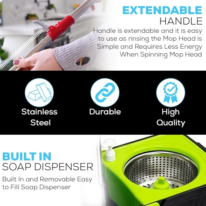 Simpli-Magic 360° Spin Mop and Bucket with Wringer – 3 High-Absorbent Microfiber Washable Heads, Soap Dispenser – Spinning Mop and Bucket Set for All Types Floor Cleaning