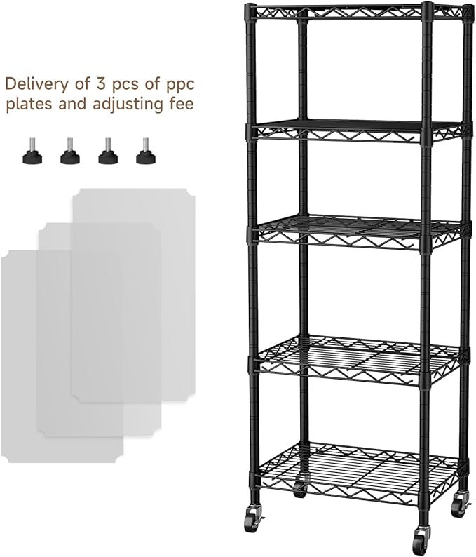 Golpart Small 5 Tier Shelves Storage Wire Shelving Unit Metal Shelf Adjustable Organizers Storage Shelving with Wheels for Bathroom Laundry Room Kitchen Pantry12”D x 18”W x 57.2”H Black