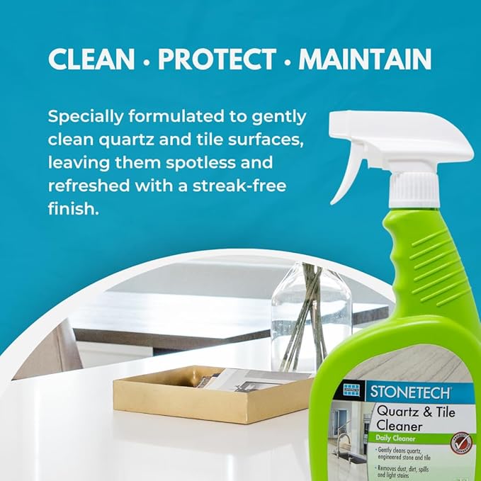 StoneTech Quartz & Tile Cleaner Spray – Quartz Countertop Cleaner for Engineered Stone, Ceramic & Porcelain – Removes Dirt & Spills – 2-Pack, 24oz Each + 2 Microfiber Cloths Fresh Scent
