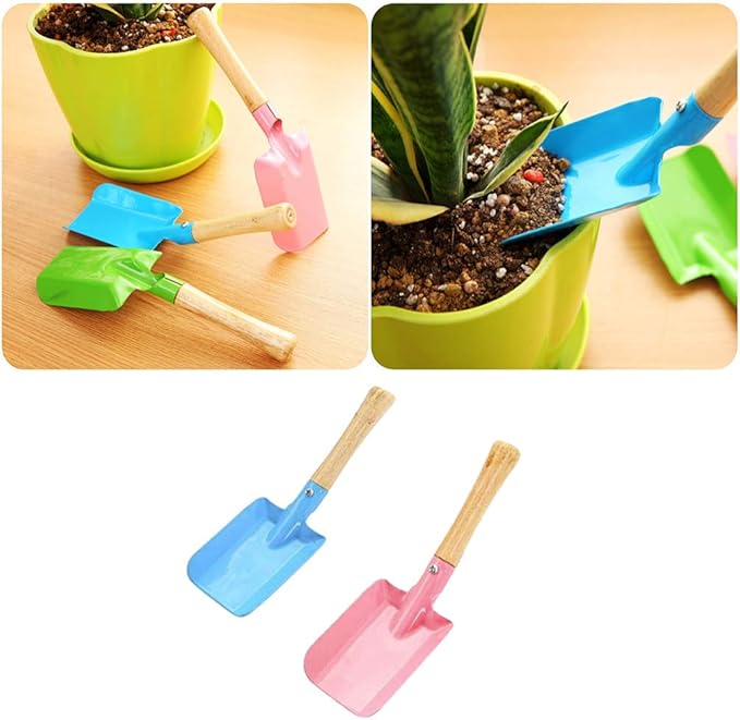 2pcs Small Gardening Shovel Metal Candy Color Wooden Handle Flat Trowel Scoop Digging Lawn Tool for Flower Succulent Plant,Random Color