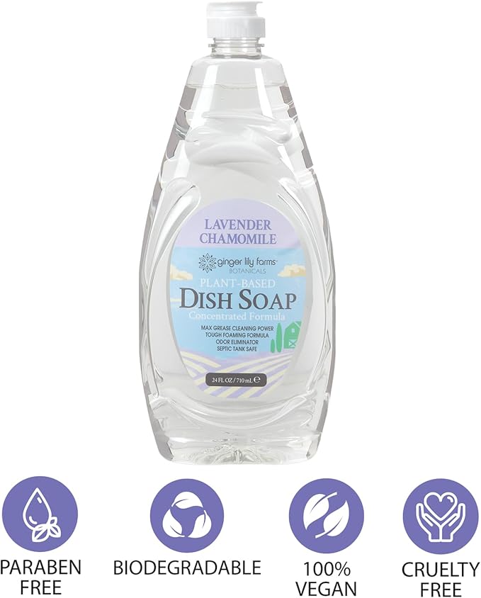 Ginger Lily Farms Botanicals Plant-Based Liquid Dish Soap, Concentrated Formula with Max Grease Cleaning Power, Cruelty-Free, Lavender Chamomile Scent, 24 Fl Oz