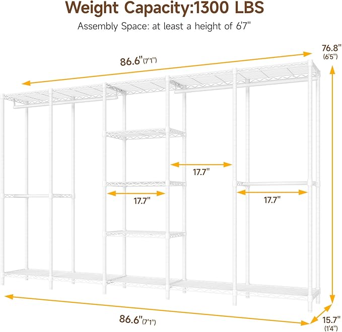 ONBRILL F5 Extra Large Industrial Pipe Clothing Rack, Freestanding Portable Closet Organizer System with Shelves & Hanging Rods, 88.6'' Wide Heavt Duty Clothes Rack, Max Load 1300lbs, White