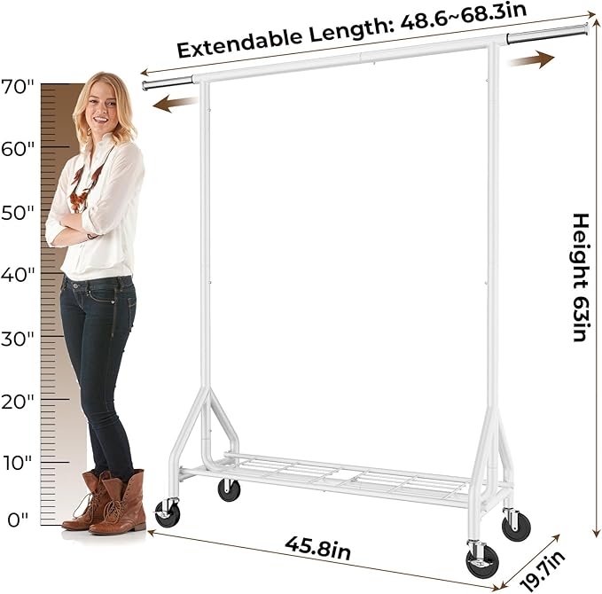 HYSEYY Heavy Duty Clothes Rack Load 450 LBS, Metal Garment Rack, Standing Rolling Clothing Rack for Hanging Clothes with Sturdy Wheels & Shelves, Portable Closet Wardrobe Rack,White