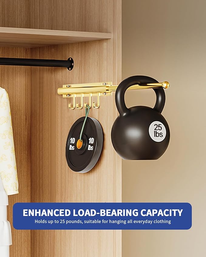 BaiNong 12" Valet Rod for Closet Pull Out With 4 Hooks Valet Rods for Closets (2Pack Gold) Closet Valet Rod Slide Out