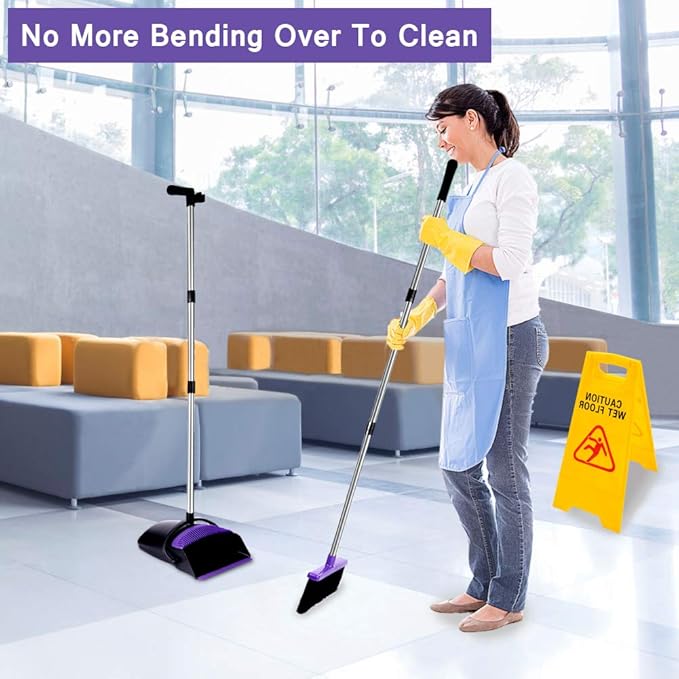 Broom and Dustpan Set, Upright Purple Broom with Dustpan Combo Set 51" Long Handle, Self Cleaning Dust Pan for Home, Kitchen and Office