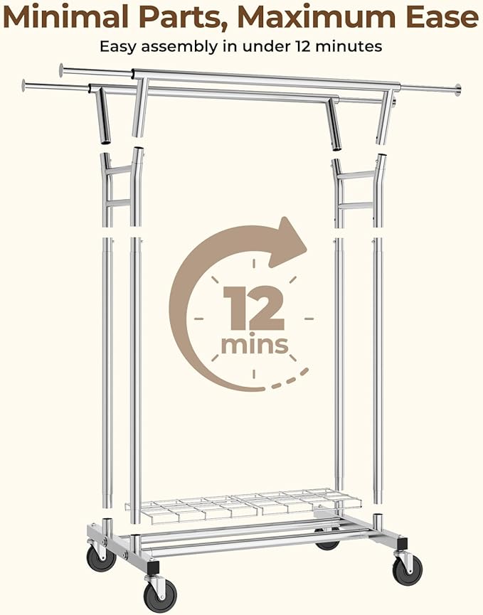 HYSEYY Heavy Duty Clothes Rack, Rolling Clothing Rack for Hanging Clothes with Shelves Load 700LBS,Portable Garment Wardrobe Closet Rack with Wheels for Bedroom,Laundry Room,Retail Store,Silver