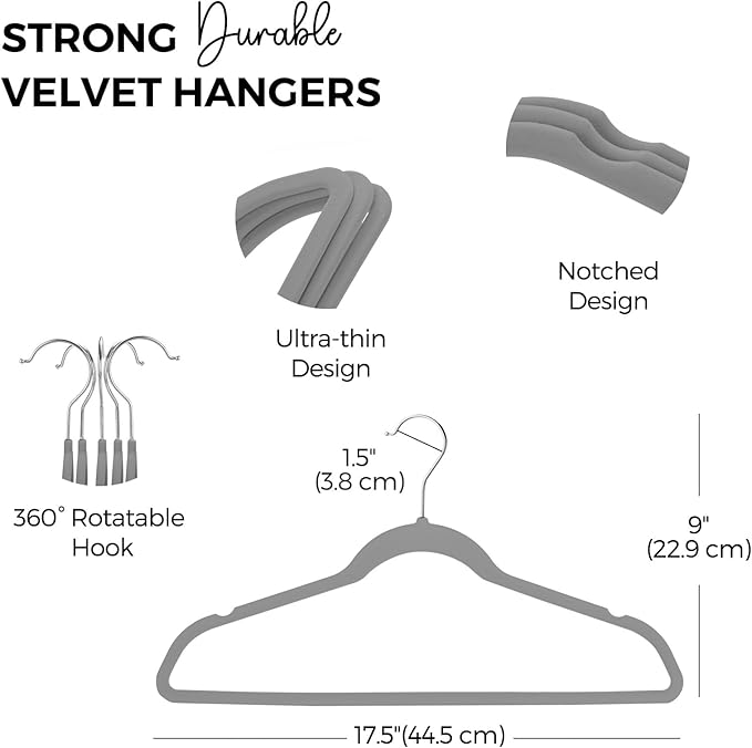 HOUSE DAY Premium Velvet Hangers 50 Pack Grey, Non-Slip Flocked Felt Hangers, Sturdy Clothes Hanger with 360° Rotatable Hook, Heavy Duty Durable Slim Coat Hanger for Closet Space Saving
