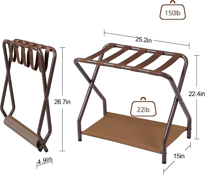 AMHANCIBLE Luggage Rack, Set of 2, Foldable Suitcase Stands for Guest Room, Metal Luggage Holder with Storage Shelf for Bedroom, Hotel, Easy Assemble, Bronz HLR02BZ