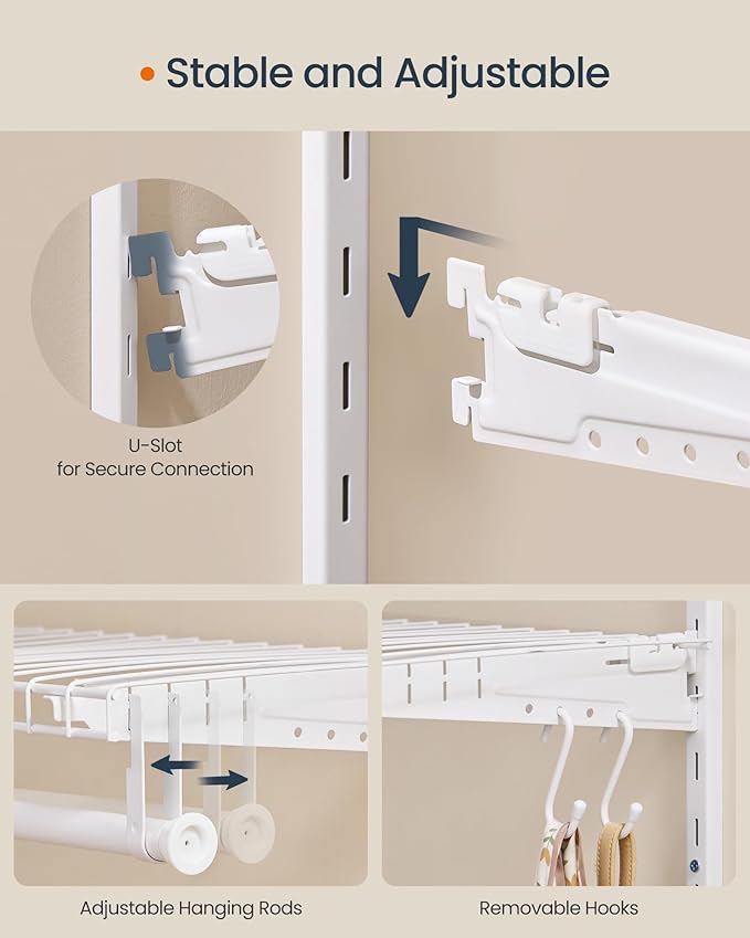 SONGMICS HOME Closet System, Closet Insert Organizer, 4-6 ft, Adjustable Metal Shelving Unit with 6 Hanging Rods, 6 Shelves, and Hooks, for Pantry Mudroom Garage Basement, Cloud White URGR032W01