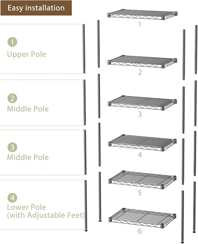 Golpart Small 6 Tier Shelves Storage Wire Shelving Unit Metal Shelf Adjustable Organizers Storage Shelving with Wheels for Bathroom Laundry Room Kitchen Pantry12”D x 18”W x 61.6”H Black
