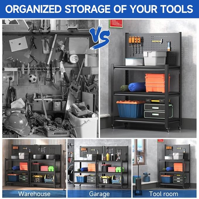 48" Adjustable Workbench with Pegboard,Heavy Duty Steel Work Bench with Lockable Wheels,Metal Rolling Work Table,3-Tier Metal Tool Storage Bench for Garage,Warehouse,Workshop, Home,Basement