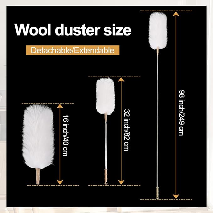 White Lambswool Extendable Duster, 32-98 Inch Bendable Wool Head with Anti-Static Properties and Stainless Steel Extension Pole for Ceiling Fans, High Walls, and Roof Dusting(Two Pack)