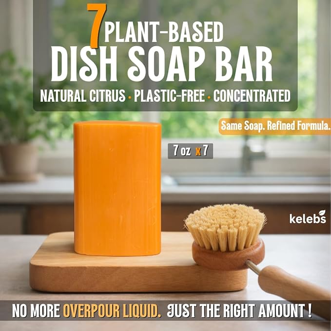 KELEBS 7 Dish Soap Bars | Citrus Essential Oil Formula | Natural & Organic Ingredients | Gentle on Hands | For Plant-Based Kitchens & Light Dishwashing | Biodegradable | No Overpour | Value Pack