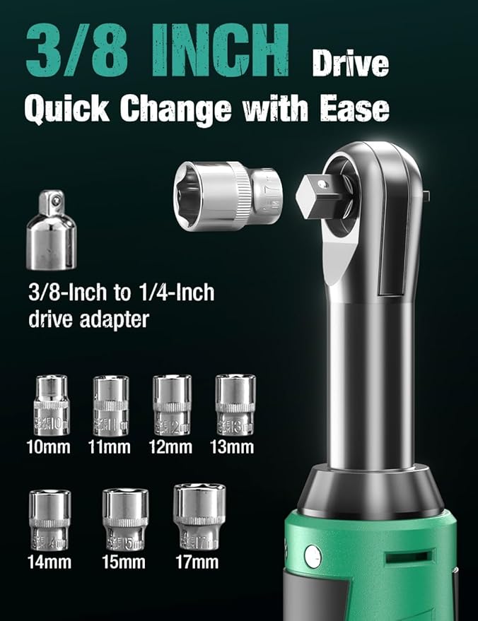 KIMO 3/8" Extended Electric Ratchet Wrench Set, 400RPM 40Ft-Lbs 12V Cordless Ratchet Wrench w/ 2x2.0 Ah Batteries, 1Hour Charger, 7Sockets & 1/4" Adapter, Power Ratchet with Variable Speed & LED Light
