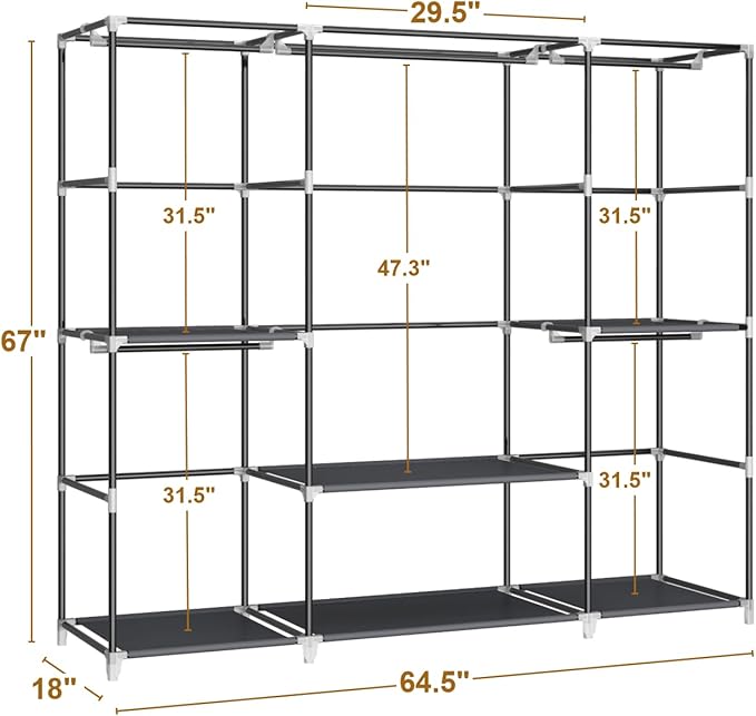 MOGELAFOO 64.5" Closet Wardrobe, Portable Closet for Bedroom, Freestanding Clothes Rack with Non-Woven Fabric Cover, 5 Hanging Rods, 6 Storage Shelves, Clothes Storage Organizer, Black