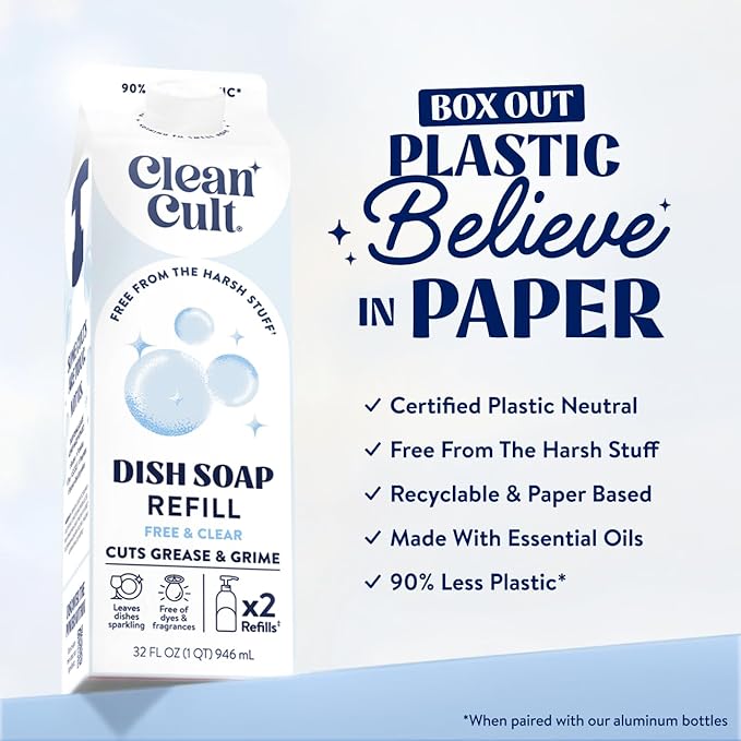 Cleancult Dish Soap Liquid Refills - Plant Based Cleaning Power - Cuts Grease & Grime - Free of Harsh Chemicals - Uses 90% Less Plastic - Free & Clear - 32 oz/3 Pack