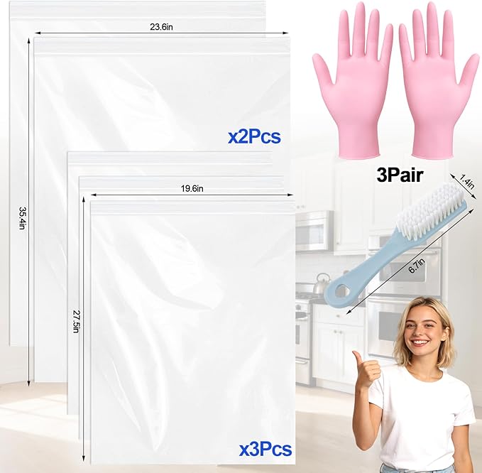 Juome Oven Rack Cleaning Bags, 5 Pack Reusable No Scrub Oven Rack Cleaning Bags Kit with 6 Gloves & 1 Brush, Leak Proof PE Bags (19.7*27.5inch & 23.6*35.4inch) for Deep Soaking BBQ Racks, Grill Grates