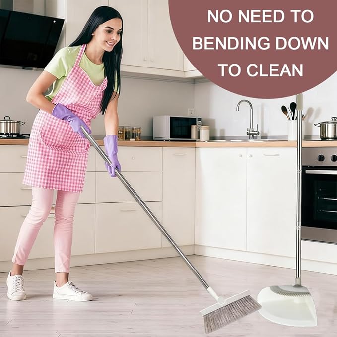 Triangular Indoor Broom and Dustpan Comb Set, 180° Rotating, Soft Bristle Long Handle Upright Sweeping Angled Broom with Self-Cleaning Teeth for Home, Kitchen, Office, Wood Floor (White Gray)