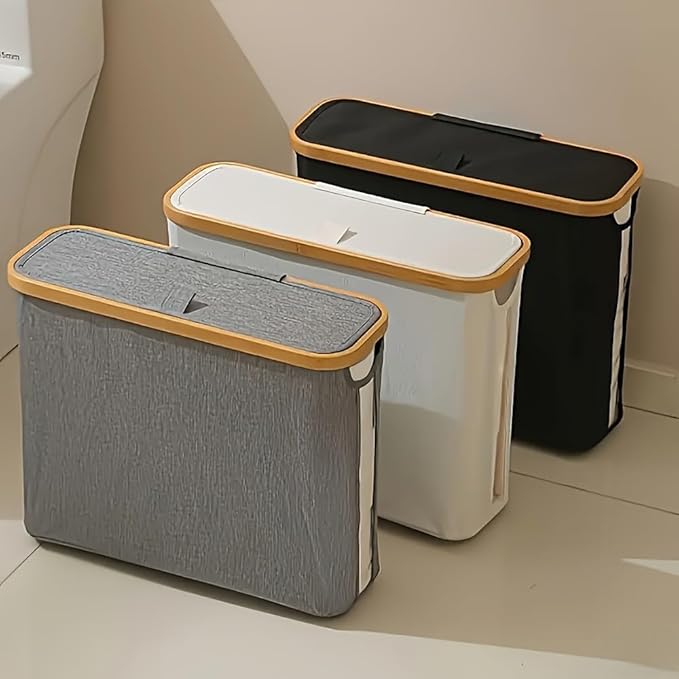 Toilet Paper Storage Basket with Lid for 12 Rolls, Waterproof Oxford Cloth with Bamboo Frame, Free Standing Toilet Paper Holder, Collapsible Bathroom Organizer Bin, Beige (Black)