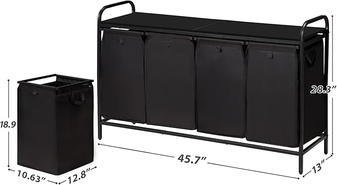 4 Section Laundry Hamper with Shelf, Laundry Basket Organizer with 4 Pull-Out Removable Bags 4×11.5Gal(43.4L), Laundry Sorter for Clothes Organization in Bedroom, Laundry Room, Black