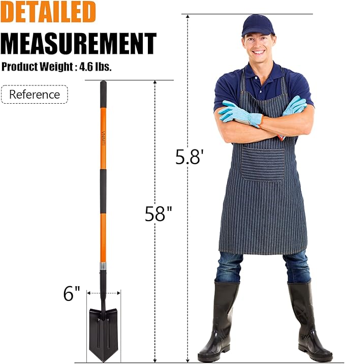 VNIMTI Trench Shovel Heavy Duty, 6-Inch Trenching Shovel with Fiberglass Handle, 58 Inches