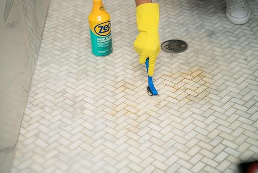Zep Grout Cleaner and Brightener and Easy to Use Handheld Brush - 32 oz (Case of 2) - ZU104632 - Deep Cleaning Formula Removes Old Stains From Grout
