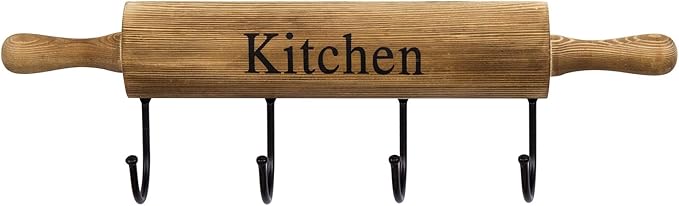 MyGift Rustic Burnt Brown Wood Kitchen Hooks for Hanging Cooking Utensils, Coffee Mugs and Hand Towels, Decorative Rolling Pin Design Kitchen Wall Decor with 4 Hooks