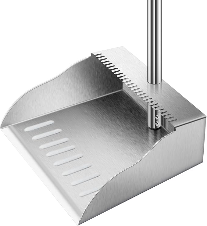 Dust Pans with Long Handle,Heavy Duty Metal Dust Pan with Handle,Upright Stand Up Dustpan with Dust Pan Teeth to Clean Hair for Home Kitchen Office Lobby Floor Garden