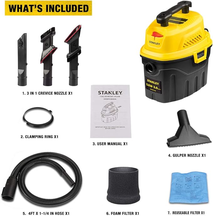 STANLEY 3 Gallon Wet Dry Vacuum, 3 Peak HP Poly 2 in 1 Shop Vac with Powerful Suction, Portable Shop Vacuum Car Vacuum W/ 3 Horsepower Motor for Auto Detailing, Tight Space Garage,Van,Vehicle