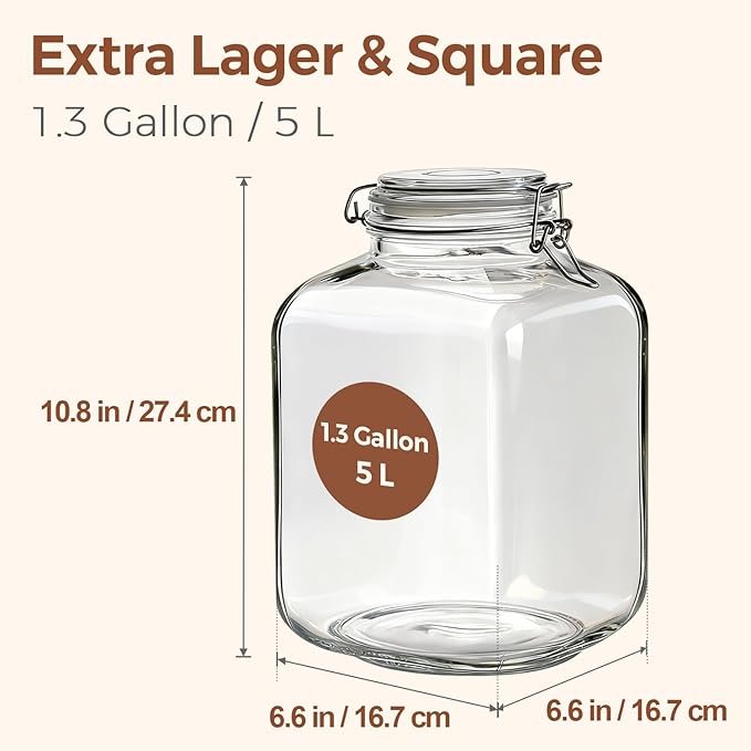 ComSaf 5L Square Glass Jars with Airtight Lids (1.3 Gallon, Set of 2), Space-Saving Canisters for Bulk Flour & Rice Storage, Ideal for Large-Batch Fermenting, Pickling & Kombucha
