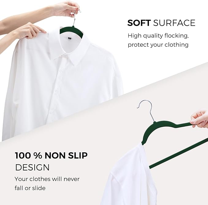 HOUSE DAY Premium Velvet Hangers 50 Pack, Non-Slip Flocked Felt Hangers, Sturdy Clothes Hanger with 360° Rotatable Hook, Heavy Duty Durable Slim Coat Hanger for Closet Space Saving(Emerald Green)
