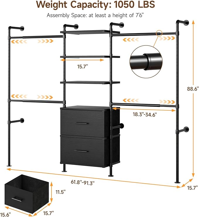 ONBRILL T2 Wall Mounted Industrial Pipe Clothing Rack, Closet Organizers and Storage System with 2 Drawers, 6 Wooden Shelves & 4 Expandable Rods, Heavy Duty Garment Rack, Wardrobe (Black))