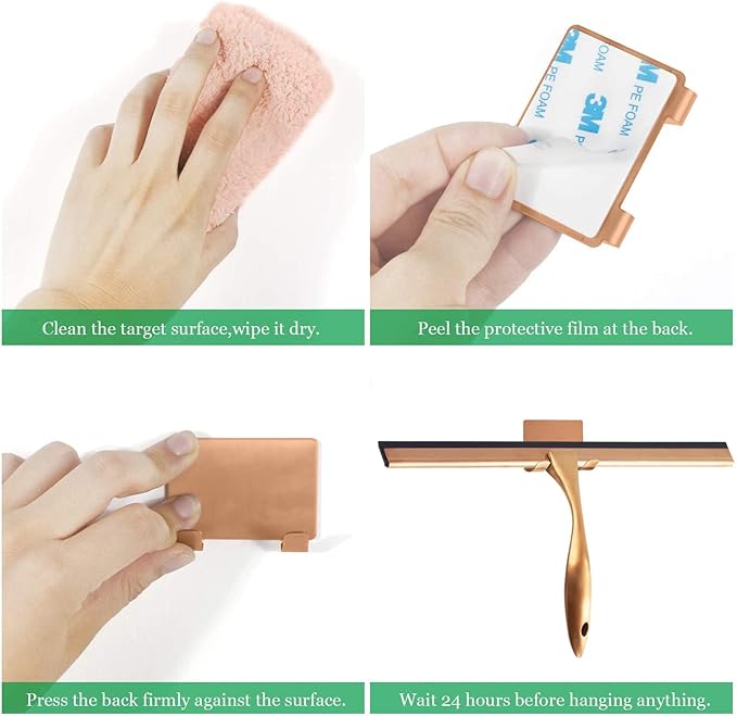 OPERNEE Shower Squeegee with Self Adhesive Hook, 14 Inches Stainless Steel Squeegee Cleaner, All-Purpose Window Scraper for Bathroom Doors, Mirror, Windows and Car Glass, Rose Gold