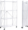 BRIAN & DANY 4-Tier Foldable Storage Shelves with Wheels, Folding Metal Rack Shelving Unit, Heavy Duty No Assembly Organizer Shelf for Garage, Kitchen, Pantry, White